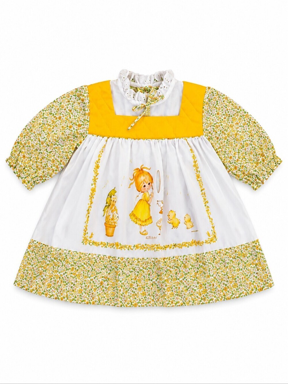VTG RUTHIE JOY Yellow Floral Kitten Quilted Easter Dress 18 Months